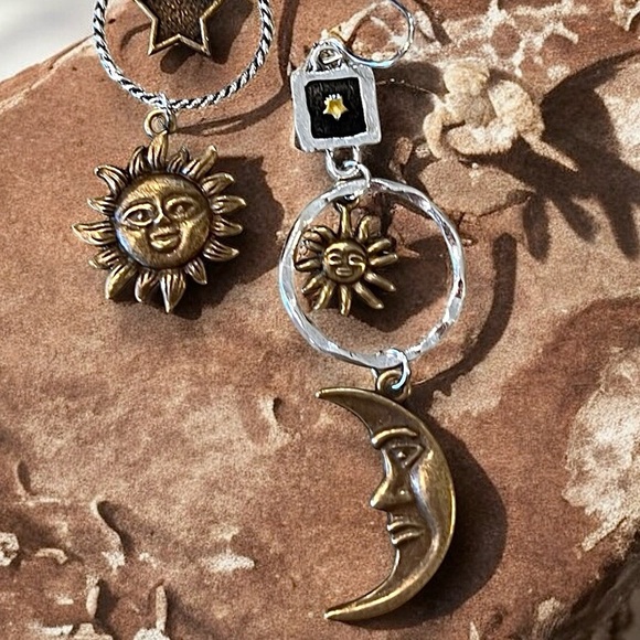 Boho Celestial Charm Earrings - Bronze and Silver toned Bohemian Boho Celestial - Picture 7 of 17